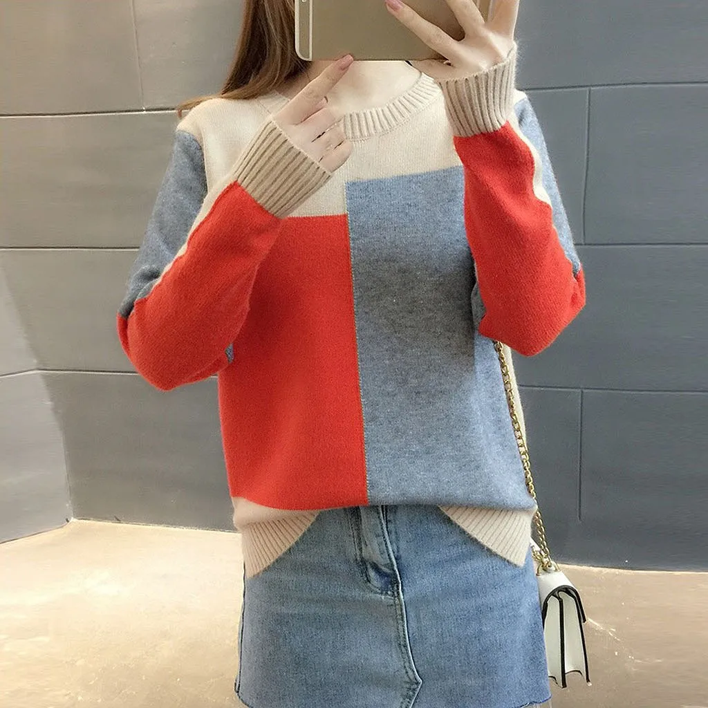 Jersey mujer invierno, женский свитер, Модный Цветной пуловер в стиле пэчворк, зимний теплый свитер с круглым вырезом и длинными рукавами, вязаный Топ, ropa mujer