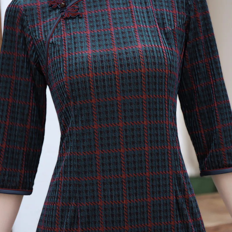 Сексуальное женское велюровое длинное платье Cheongsam M-3XL, весеннее винтажное платье в китайском стиле, модное кружевное платье Qipao, тонкое вечернее платье на пуговицах