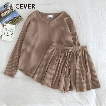 

CHICEVER Korean Knitted Two Piece Set For Women Long Sleeve Blouse High Waist Drawstring Shorts Female Suit 2020 Summer New