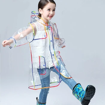 

Emergency Transparent Hooded Press Button Lightweight Student Colorful Hem EVA Girls Boys Waterproof Poncho Kids Raincoat