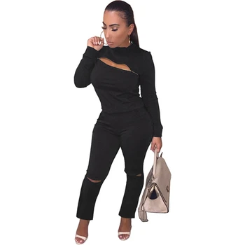 

Wholesale Fashional Zip Front Open Solid Color Leisure Sports Pant Set 2 Piece Tracksuit Women Clothing Two Piece Set