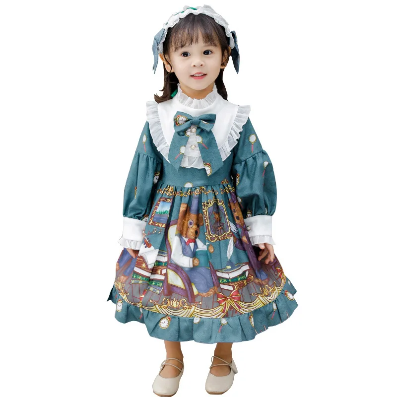 

Kids Girl Lolita Dress Tea Party Sweet Detective Bear Long Sleeve Op Princess Renaissance Skirt Cute Girl Bow Lace Ruffle Dress