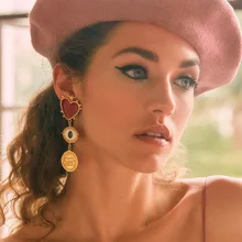 Новинка, модные серьги-капельки в виде красного сердца, сглаза, монета для женщин, женские шикарные винтажные массивные серьги, золотые серьги