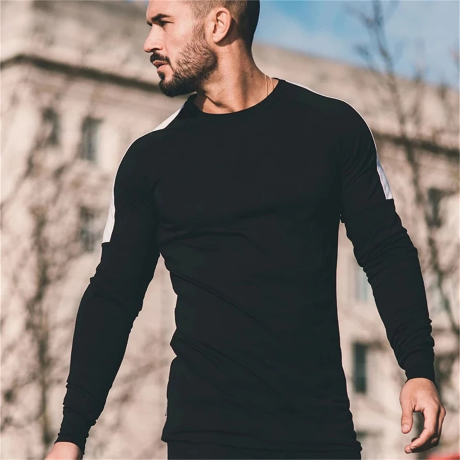 black 1 Новая спортивная рубашка для мужчин фитнес-бег футболки с длинным рукавом спортивный топ эластичная спортивная одежда Спортзал Бодибилдинг тренировочная футболка - Цвет: black 1