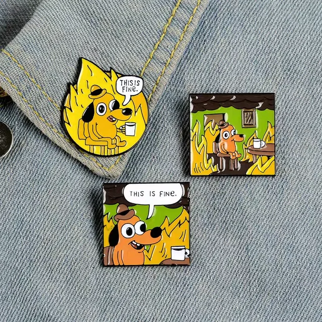 Cartoon Humor Enamel Pins Dog: This Is Fine