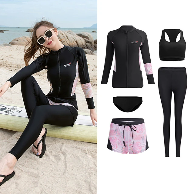 Women's 5pcs Rash Guard set Long Sleeve Active Tops and Bottoms Zip Shirt  Pants Bikini Rashguard