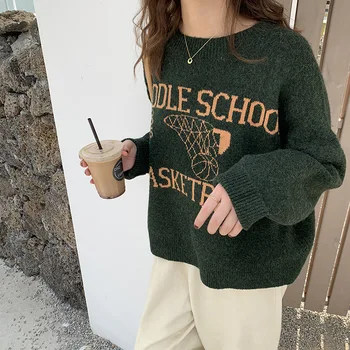 

Sports wind pattern Jacquard contrast sweater women 2019 autumn and winter Korean version of outer wear inner sweater