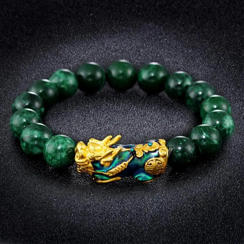 Golden PIXIU Bracelet For Women Men Green Beads Couple Bracelet Bring Lucky Brave Wealth Feng Shui Bracelets for men