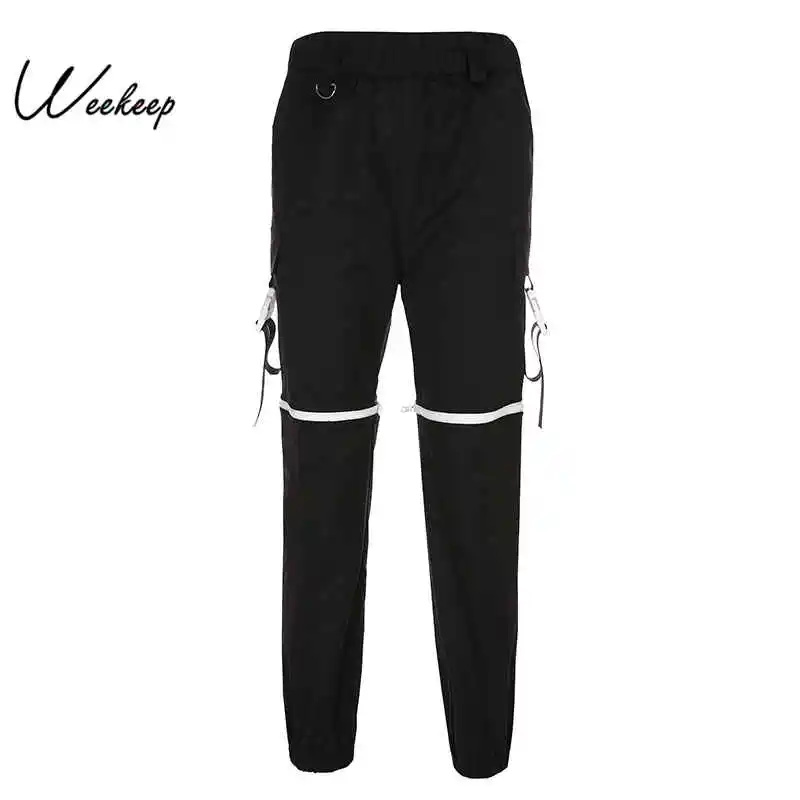 

Weekeep Buckle Patchwork Cargo Pants Women Black High Waist Trousers 2019 Fashion Streetwewar Pencil Pants