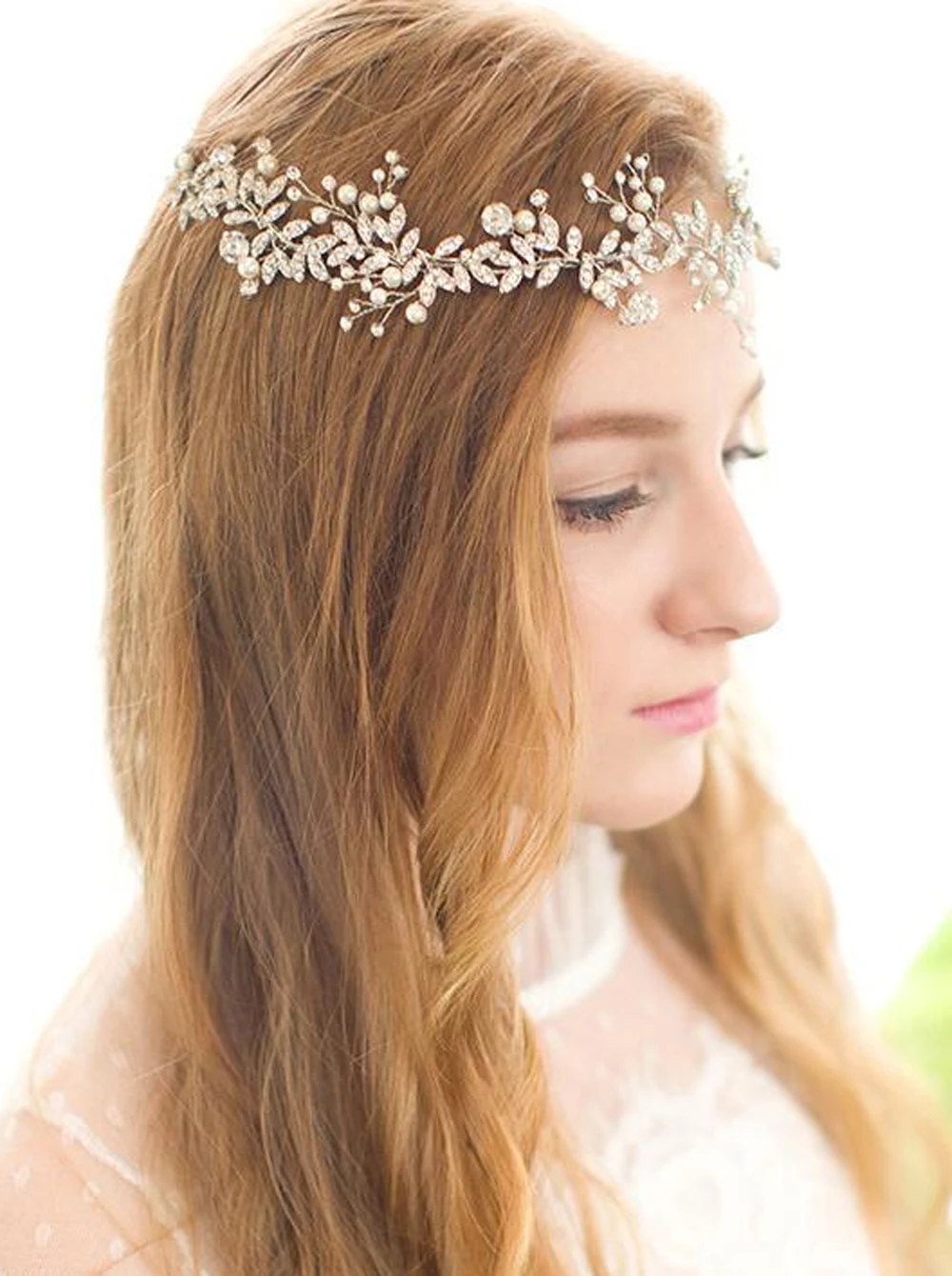 Bridal Crystal Rhinestones Headband Wedding Vintage Silver Headband Hair Vine With Ribbons For Women