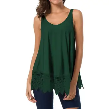 

Ladies Casual Sleeveless T Shirts Solid Color Lace Patchwork Hem Tee Shirt Loose Tops