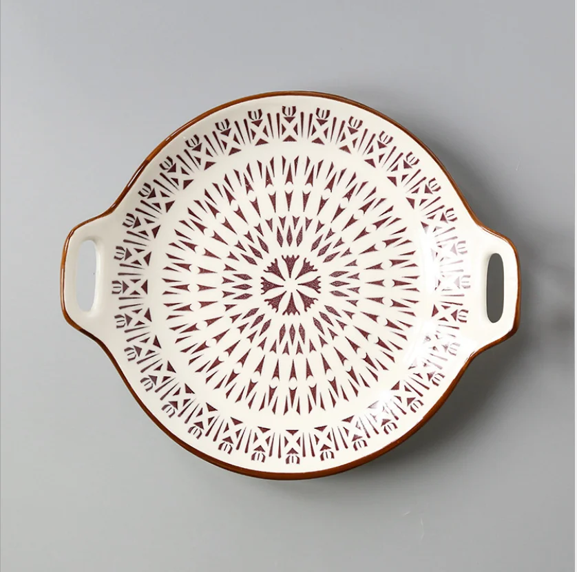 Креативная двойная Ушная тарелка, керамическая тарелка, глазурь, цвет, простая Бытовая 9 дюймовая посуда, сервировочное блюдо, посуда для кухонных принадлежностей - Цвет: 8