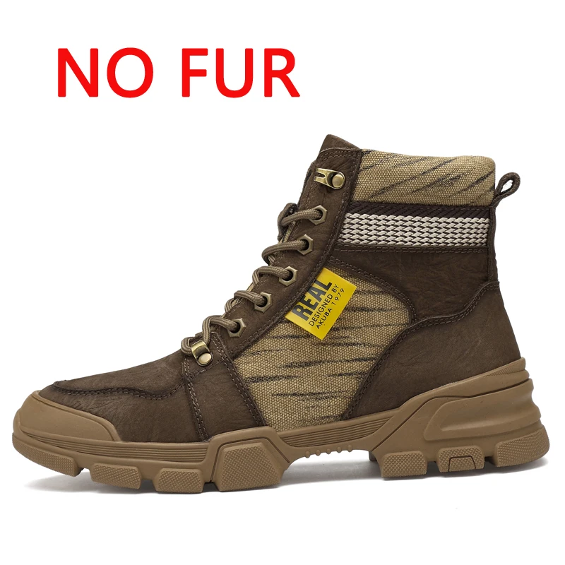 Зимние мужские ботинки на меху; Теплые ботильоны из натуральной кожи ручной работы; модная зимняя мужская обувь - Цвет: Dark brown no fur