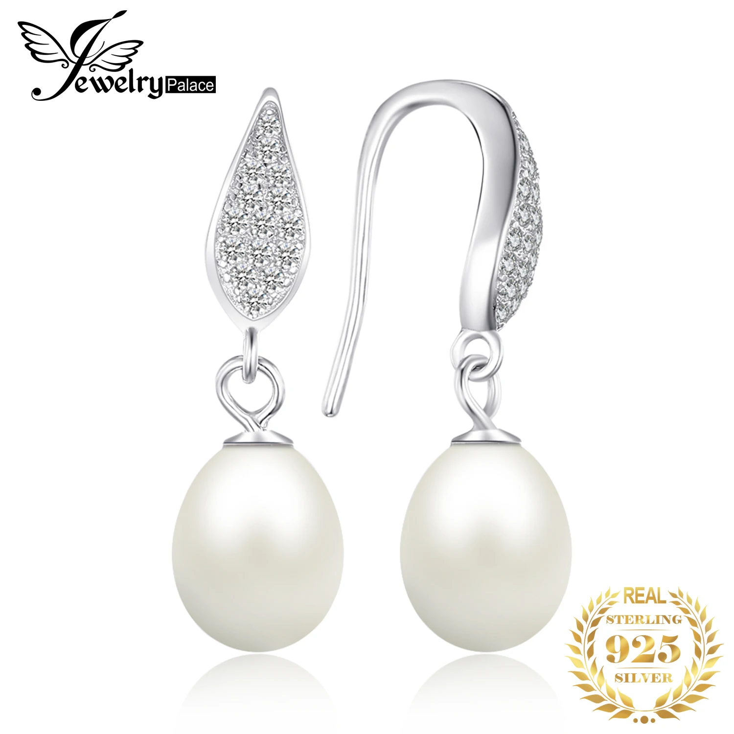 

JewelryPalace 925 Sterling Silver Freshwater Cultured 8-9mm White Pearl Dangle Earrings Statement Fine Jewelry for Women