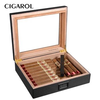 

CIGAROL Classic Cigar Box with Digital Hygrometer and Humidifier Glasstop Cigar Cabinet Holds 25 Cigarettes Humidor