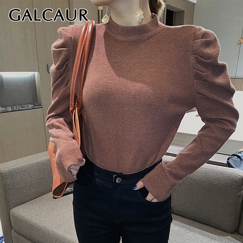 GALCAUR Knitted Slim Women's Sweater O Neck Puff Long Sleeve Oversize Korean Casual Female Sweaters 2019 Autumn Fashion New | Женская