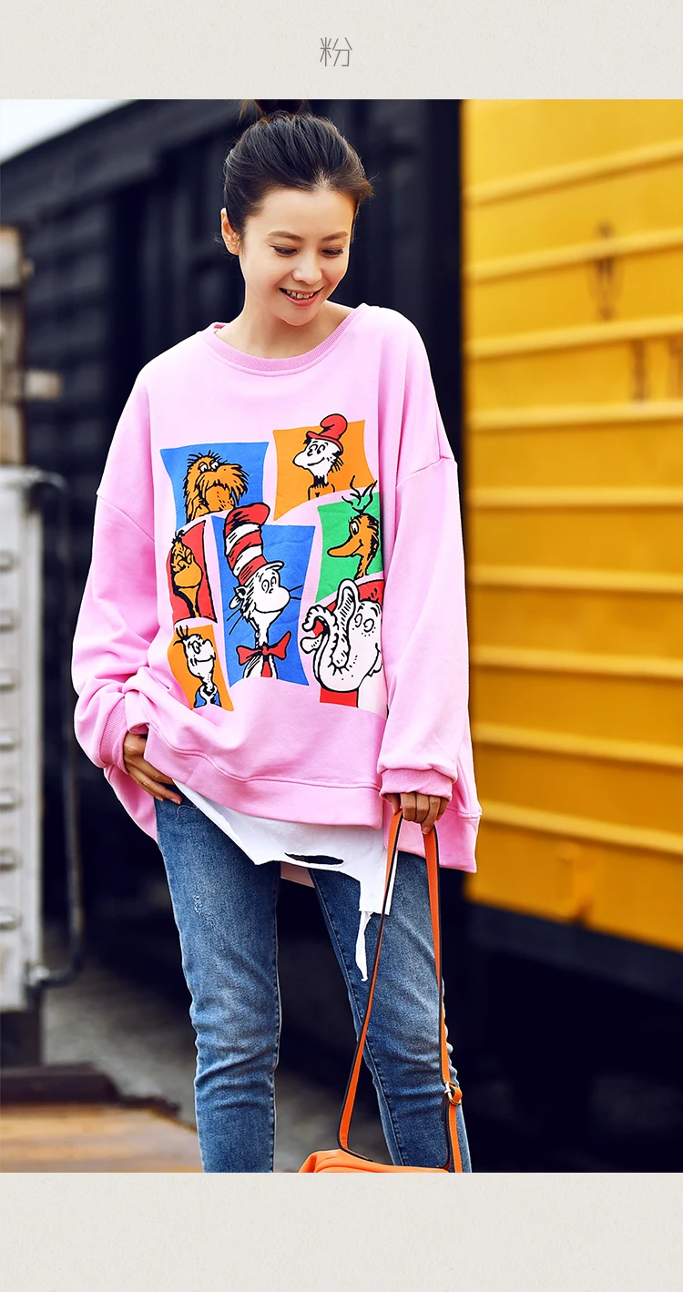 R2725 Arts and art reduce age cartoon printing soft pink loose round collar short hoodie female autumn and winter