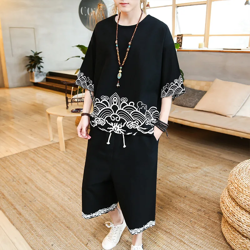 

2019 Summer MEN'S Suit Landscape Printed Cotton Linen Short Sleeve T-shirt Collocation Capri Pants Chinese-style Casual Men'S We