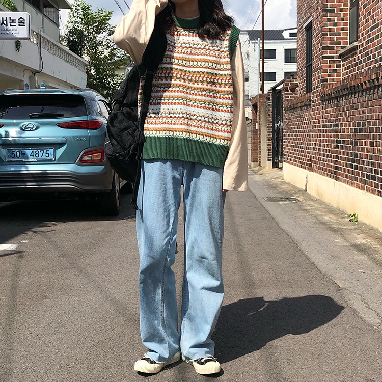 Retro Printed Patchwork Sleeveless Vest Sweater Women Autumn Round Neck Casual Loose Jumper Woman Harajuku Sweaters
