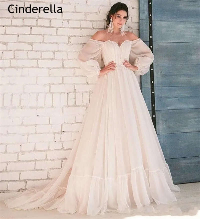 

Cinderella Simple Style Sweetheart Long Sleeves A-Line Lace Up Back Soft Tulle Lace Applique Wedding Dresses vestido de noiva