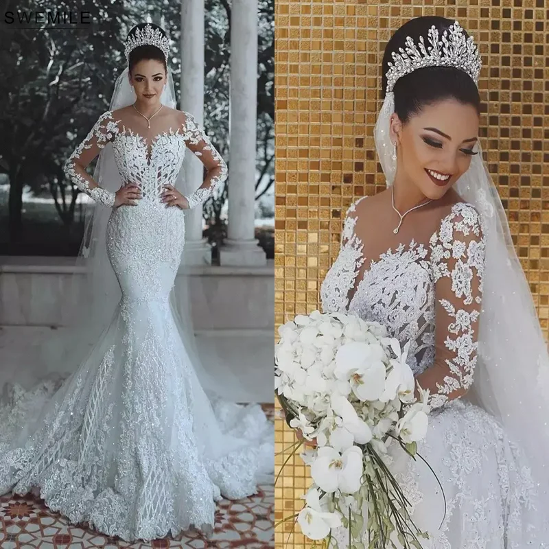 

Wedding Dresses Mermaid 2020 Luxury Lace Sexy Illusion With Long Sleeve Bride Dubai Saudi Arabic Gowns Vestido de noiva Vintage