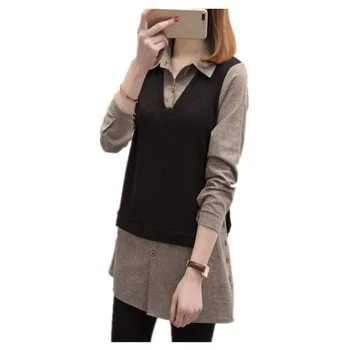

New large size long-sleeved T-shirt tops women's loose base shirts long fake two knitted shirts