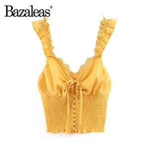 L71 yellow Bazaleas Винтаж центр майка с выемкой Топ Для женщин кружевное платье в стиле пэчворк Женская майка для женщин модные шикарные со сборками, женские топики Повседневное Прямая поставка - Цвет: L71 yellow