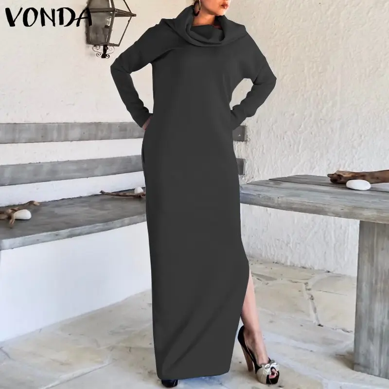 

VONDA Winter Split Sexy Dress Plus Size Elegant Solid Basic Maxi Dresses Bohemian Casual Loose Evening Party Vestidos Oversized