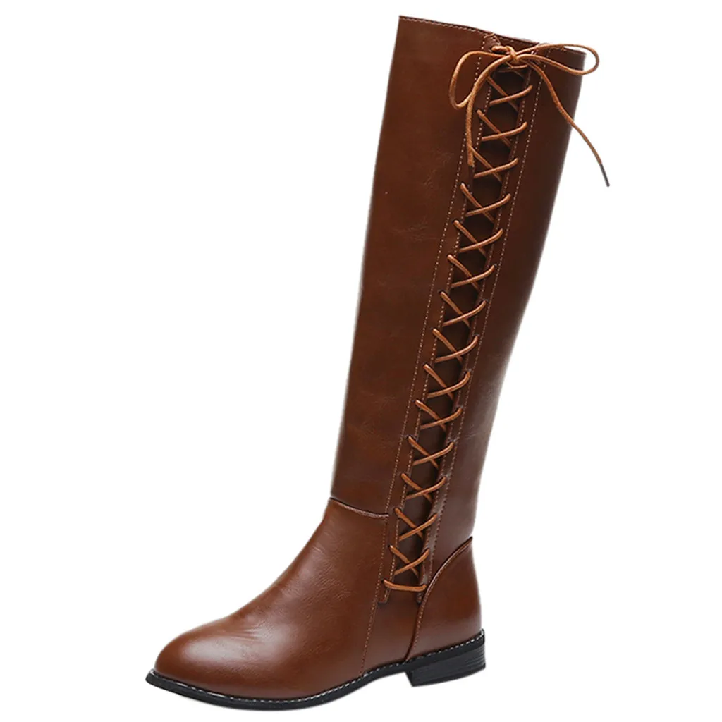 Retro Leather Riding Boots For Women Winter Long Tube Boot Strappy Classic Knight Boot Lady Low Heel Knee-High Shoes Rome Style - Цвет: Коричневый