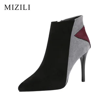 

2020 Spring Mixed Color Suede Martin Boots Thin Heels Nu-buck Pointed Toe Ankle Boots Short Plush Zipper Footwear Black Pink