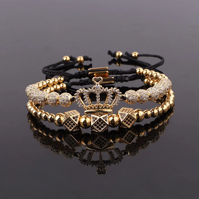 New Design Luxury Crown Bracelet Jewelry Gold Plated CZ Pave Charm Beaded Macrame Bracelet Set Male