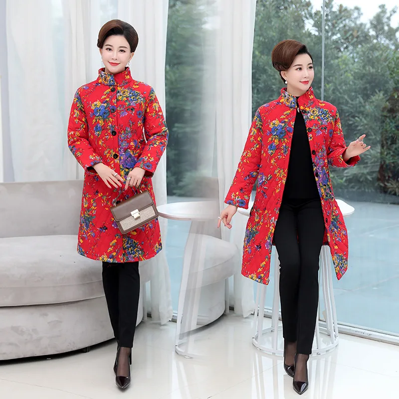 

2019 Autumn And Winter New Style Ethnic-Style Cotton Linen Padded Cotton Overcoat Loose And Plus-sized Mid-length Middle-aged Wo