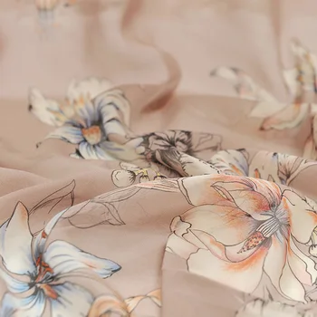 

112CM Wide 10MM Lily Print Thin Pink Silk Georgette Fabric for Summer one-piece dress Shirt Clothes J231