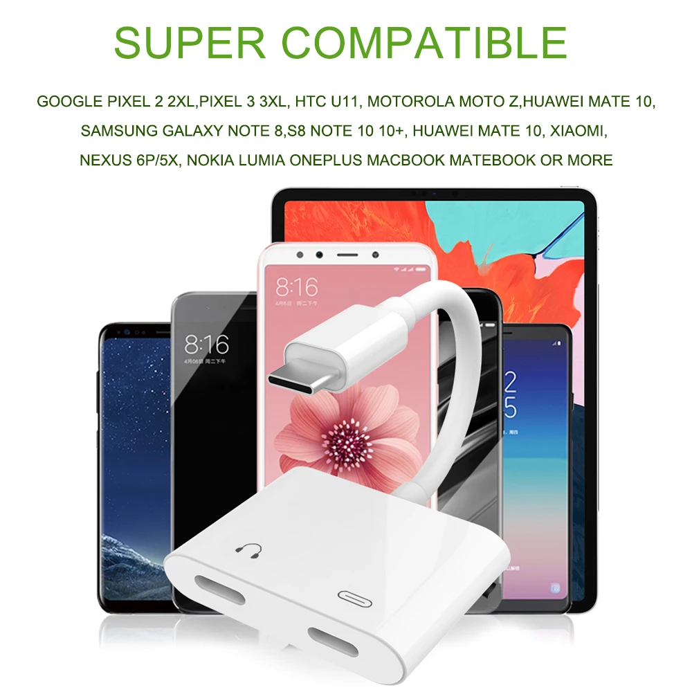 USB C to Dual Type C Headphone Jack Digital Audio Splitter Adapter Music Converter For Pixel Smartphones PD Fast Charging Cable