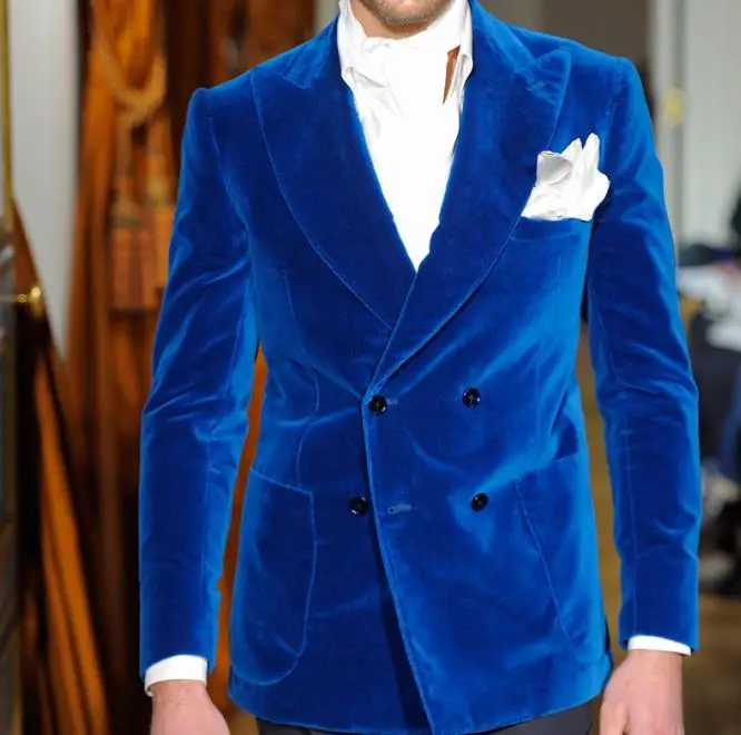 Мода из бархата ярко-синего цвета Slim Fit Мужские свадебные костюмы для выпускного вечера вечерние Для мужчин этап двубортный жениха 2 шт.(куртка+ брюки