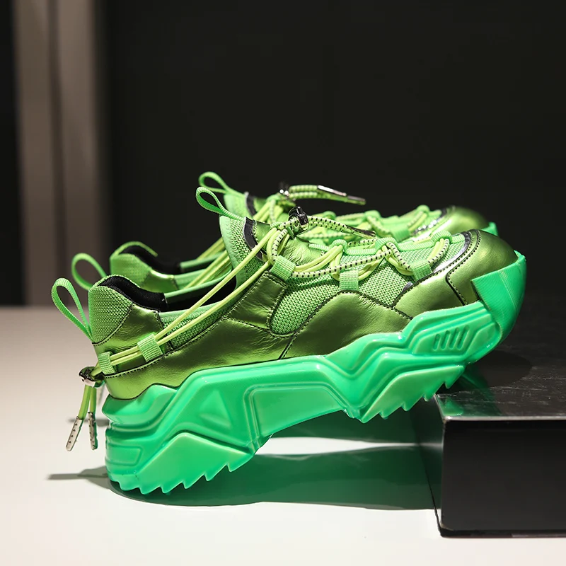 RY-relaa/женская кожаная обувь; коллекция года; сезон весна; Новинка; повседневная спортивная обувь на толстой рифленой подошве с ремешком зеленого цвета; повседневная спортивная обувь - Цвет: Зеленый