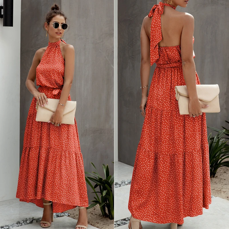 Модное платье в горошек Boho, хлопковое платье для женщин, лето, на шнуровке, Холтер, вечерние, макси платье, сексуальное, с открытой спиной, Асимметричный Сарафан
