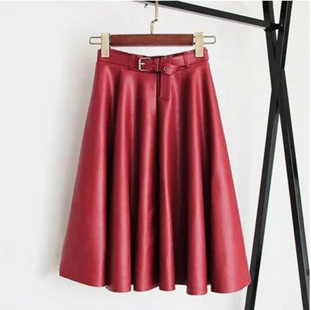 Красный 4xl 5XL Женские юбки из искусственной кожи больших размеров, Женская осенне-зимняя повседневная свободная трапециевидная юбка из искусственной кожи с поясом красного цвета - Цвет: Красный