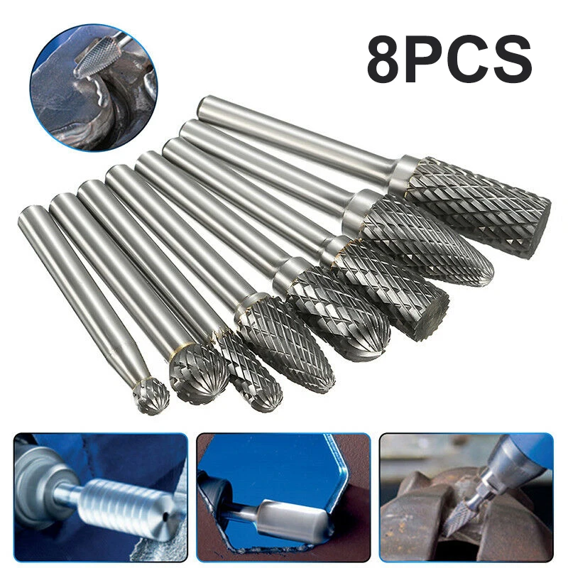 8Pcs Shank Double Cut Tungsten Steel Rotary File Bit Set For Die Grinder Carving Cylindrical Shape Abrasive Tools