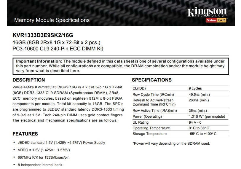 Оперативная память kingston ECC DDR3 2G 4G 8G1333MHZ 2GB 4GB 8GB CL9 240pin 1,5 V PC3-10600U, работающая на рабочей станции и серверах