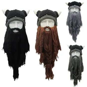 Knitted Viking Beard Horn Hat —Winter Ski Mask Cap