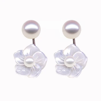 

S925 Sterling Silver High gloss Natural Pearls Earrings Deep sea shell rose Stud Earrings sweet Girl's earring Free shipping