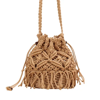 

Tassel Bucket Woven Bag Hand Stitching Hollow Cross-Body Straw Bag Vacation Beach Bag