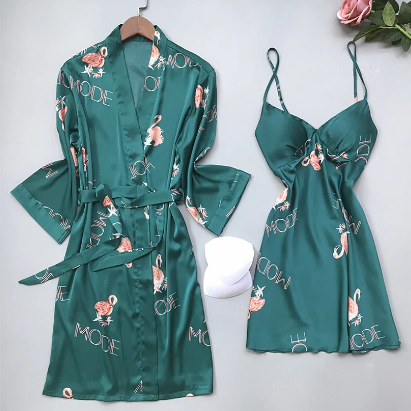 Женский шелковый халат и с принтом фламинго пижама для сна отдыха женская ночная