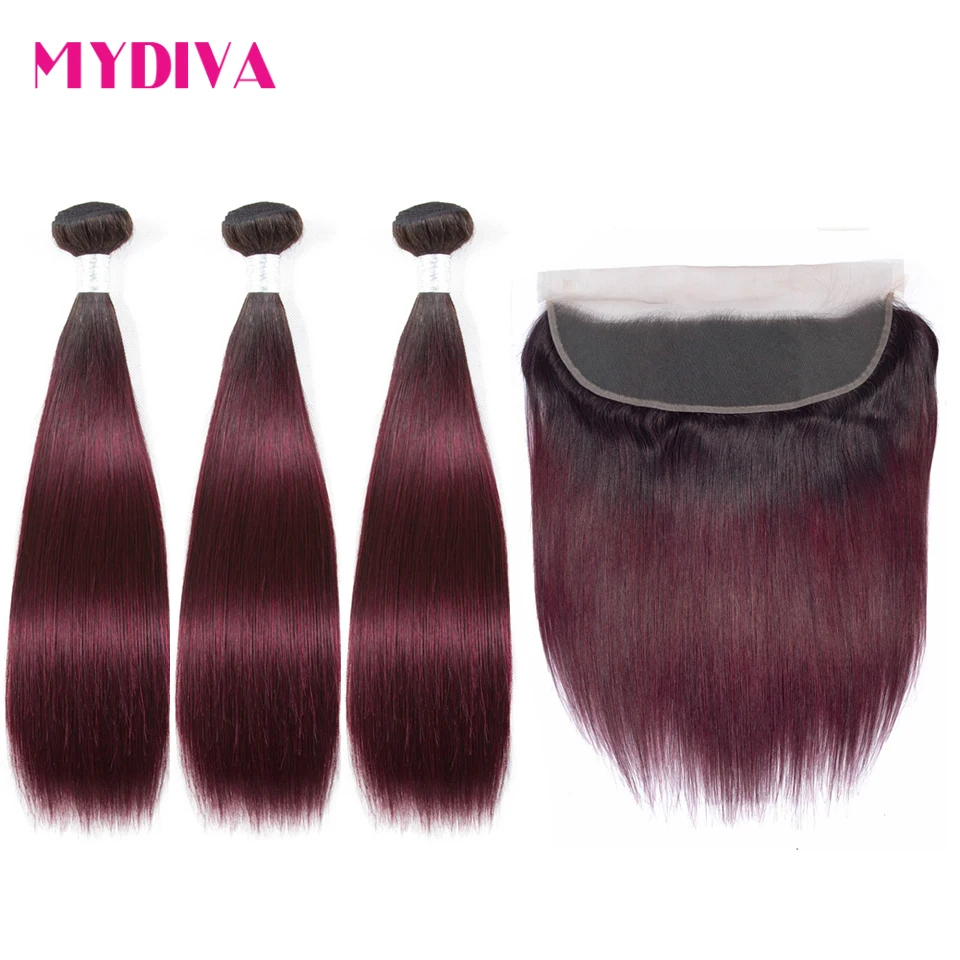 

Pre-Colored Ombre Bundles With Frontal Brazilian Straight Hair T1B/99J Burgundy Bundle With Frontal Closure Non Remy 4Pcs Mydiva
