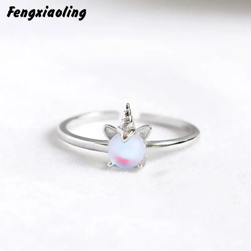 

Fengxiaoling Dreamy Beautiful Girl Rings 925 Sterling Silver Moonstone Unicorn Open Rings For Women Cute Ring Fashion Jewelry