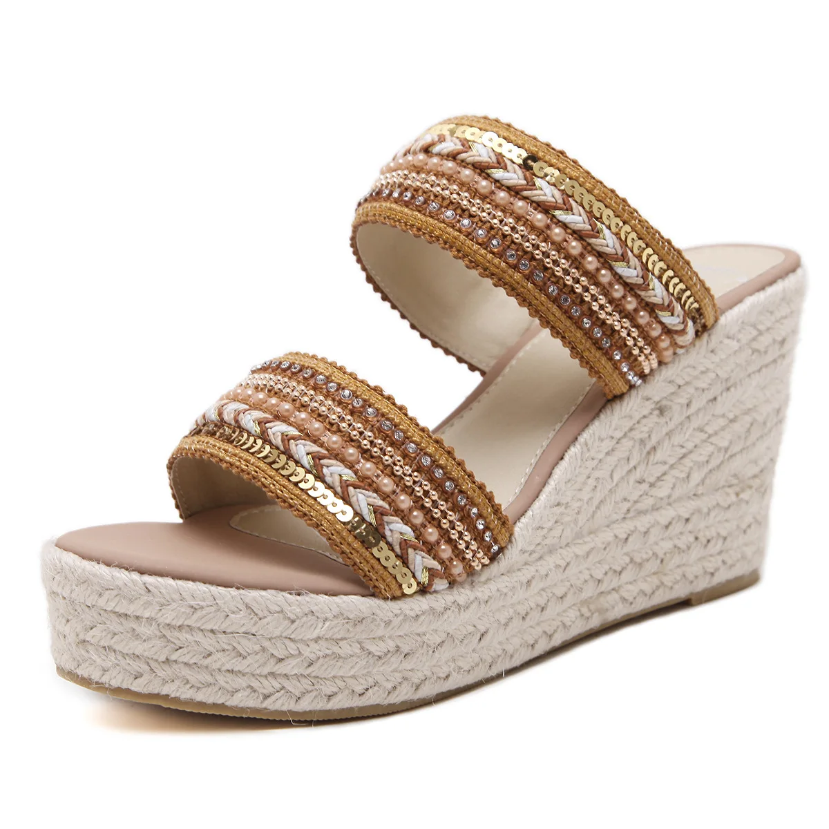 

Outer Wear Slipper Thick Espadrille Weaving Double Strap Sandals Waterproof Platform New Style Sandals Women's Summer 10 Cm Slan