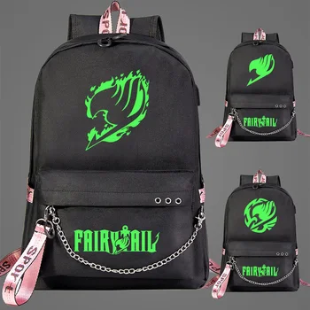 

New Luminous Green Light Fairy Tail Prints Boys Girls Kids School bag Women USB Chain Backpack Canvas Men Bagpack Bookbag