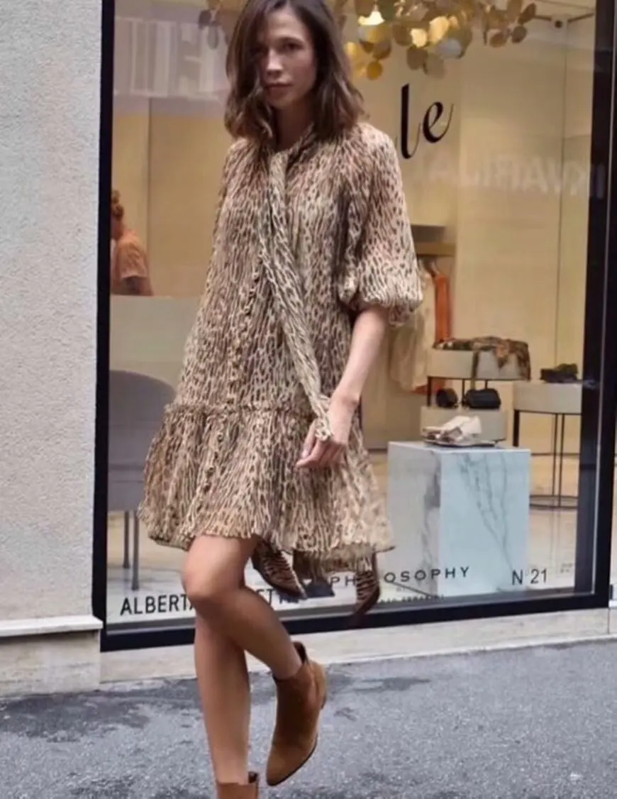 10.6 Autumn new Silk Leopard Bow Tie lantern Sleeve Single-breasted Women's Mini Dress Matching Belt