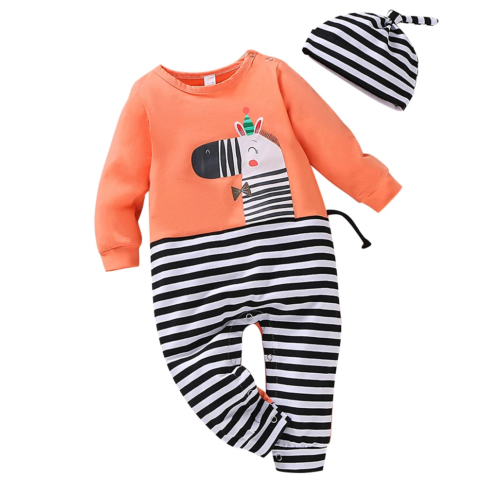 Зимняя одежда для новорожденных, боди с принтом зебры и рукавами-бабочками, комплекты с шапочкой, милые детские штаны в полоску, детский комбинезон, D35